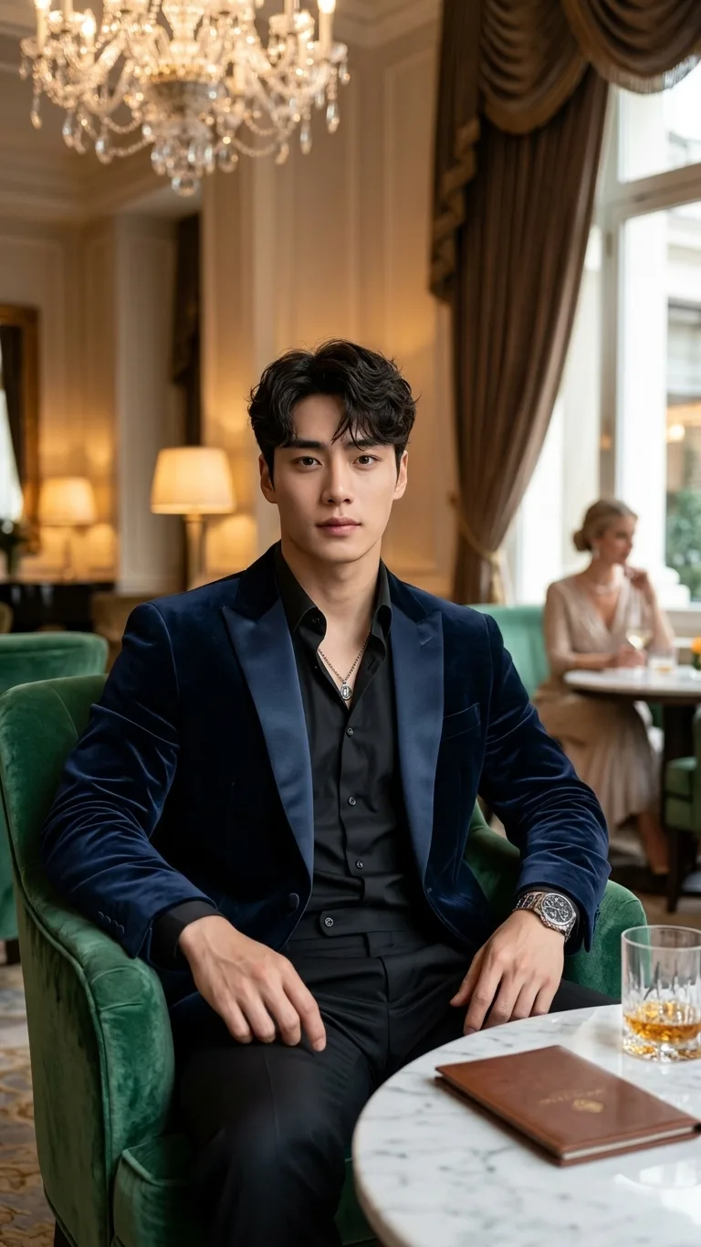 > **CONCEPT:** A high-end, detailed portrait photo of the specific model from image_19.png, transformed from his casual look into a