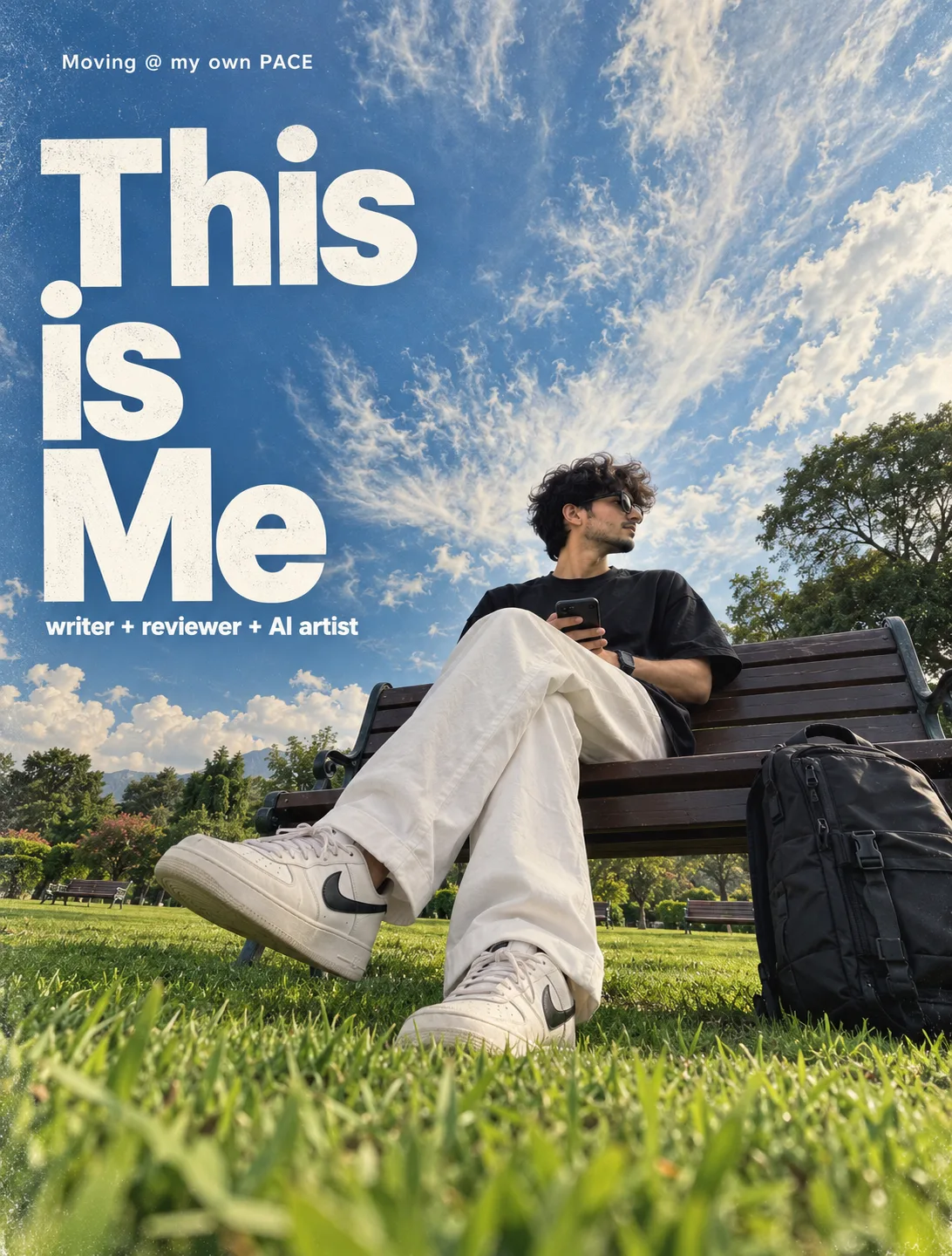 Minimalist contemporary lifestyle editorial poster of a stylish young man relaxing on a dark wooden park bench in a wide green lawn,