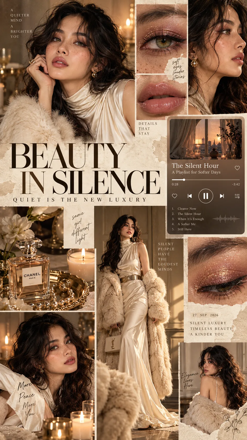 Editorial luxury mood board collage, Southeast Asian woman, dark wavy hair curtain bangs, green-hazel eyes, freckles, glossy nude-pink