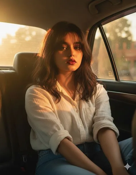 A highly detailed, photorealistic medium-shot portrait of a beautiful young South Asian woman with soft facial features sitting in the