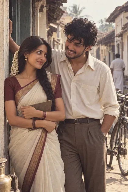 Create an ultra-realistic cinematic romantic photograph of a young South Indian couple in the 1950s, using the uploaded reference images as