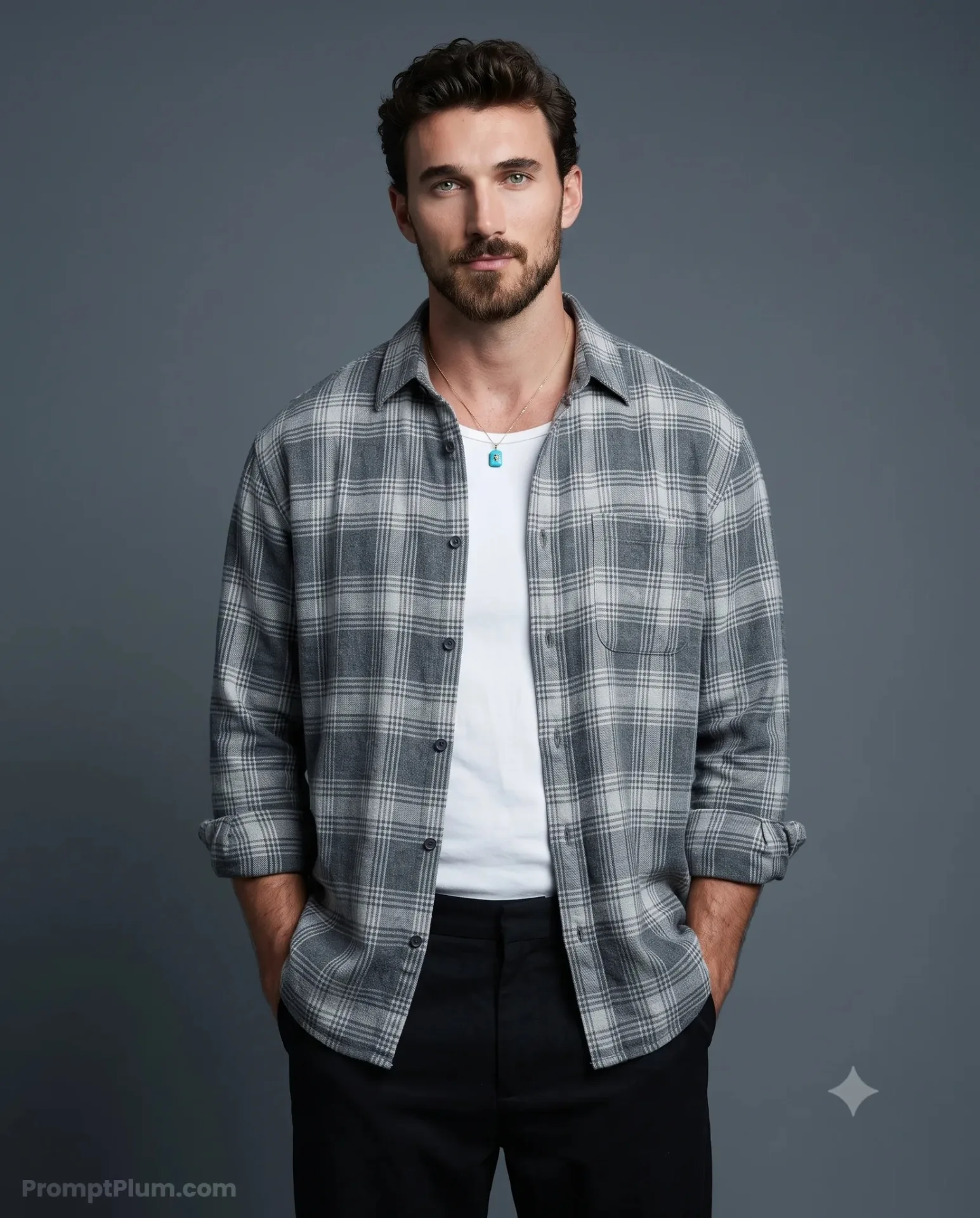 * A young man standing straight in a relaxed, confident posture.