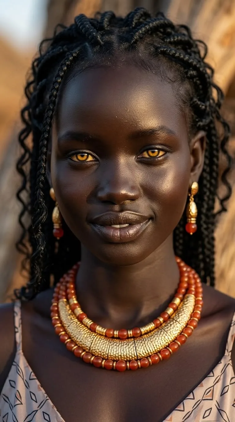 A stunning close-up portrait of a South Sudanese woman with extremely deep, dark skin and striking, glowing amber-gold eyes.