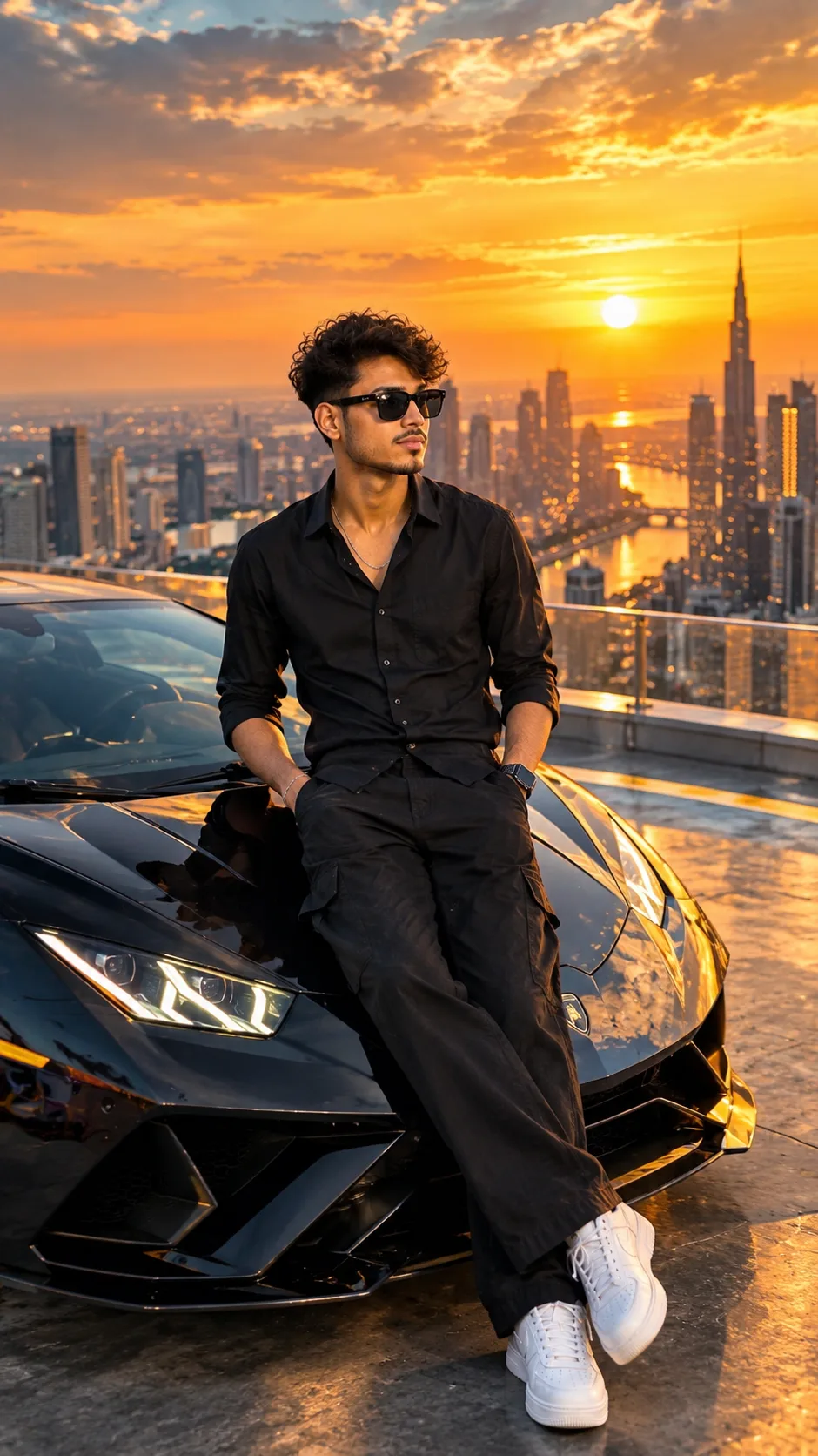 create an ultimate stylish boy cinematic portrait, standing confidently beside a luxury sports car on a futuristic rooftop, cinematic drone