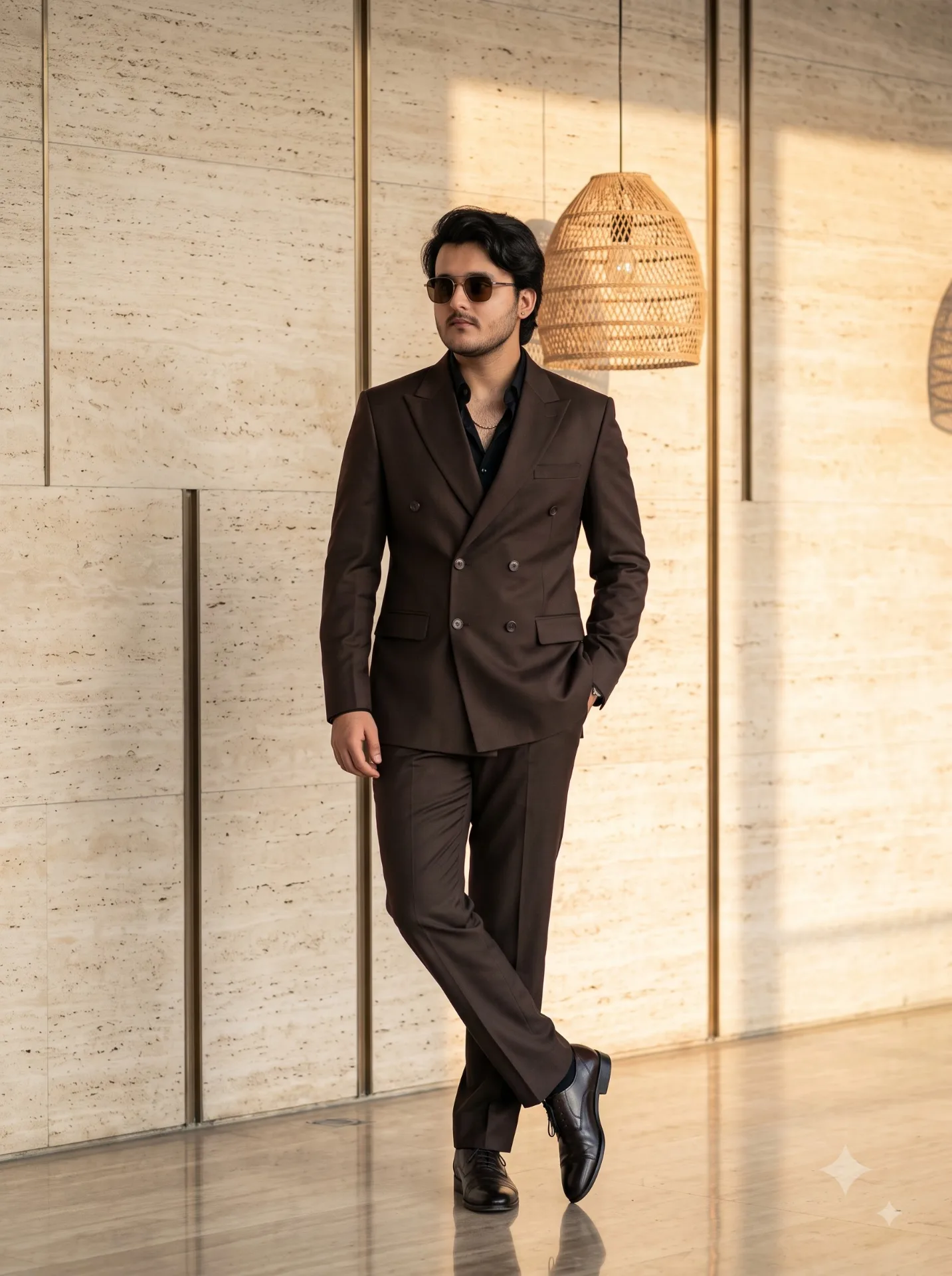 create an image Photorealistic full-body fashion portrait of a young adult man standing confidently against a large beige/cream travertine