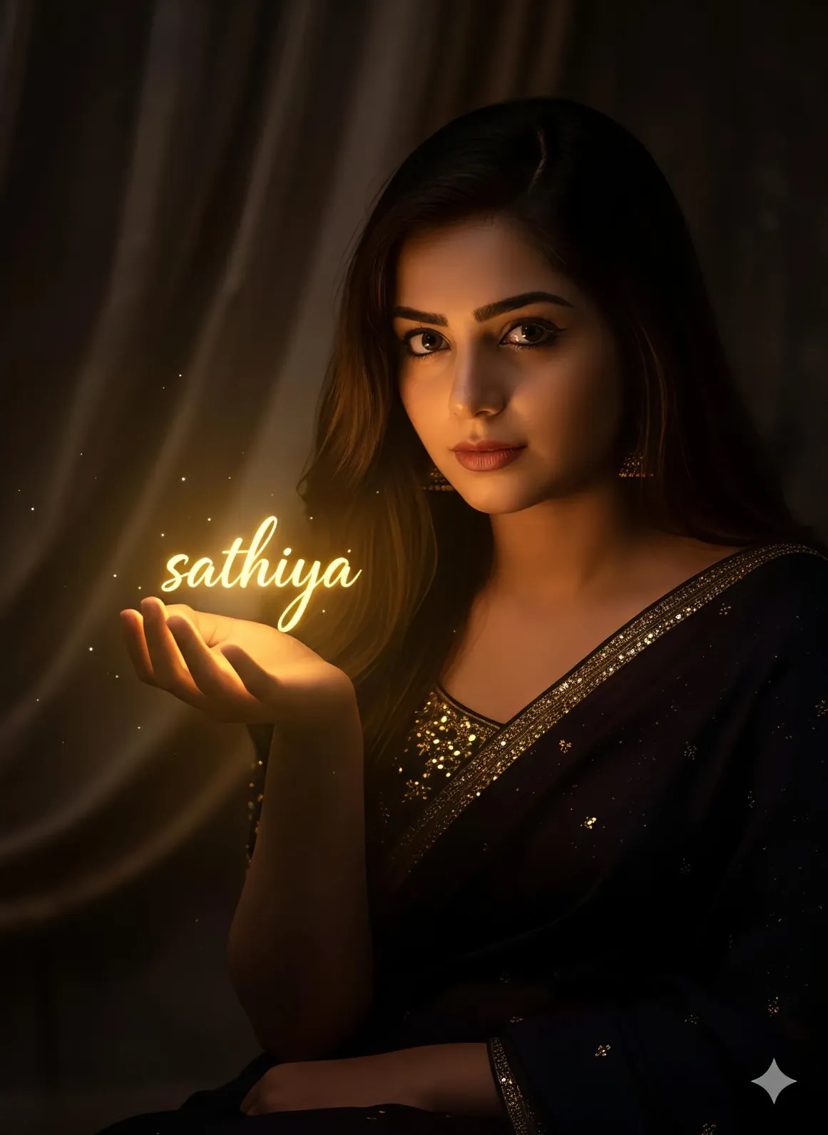 Use reference image to create Ultra Realistic ultra Resolution cinematic 8k detail A young women with your face, wearing a dark saree