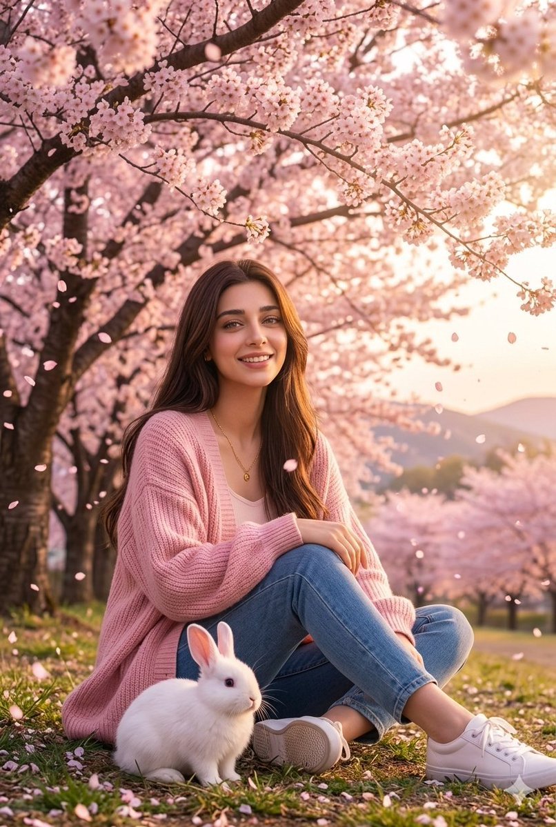 Image on Gemini Nano banana pro Prompt: Hyper-realistic photograph of a beautiful young woman sitting beneath blooming cherry blossom trees