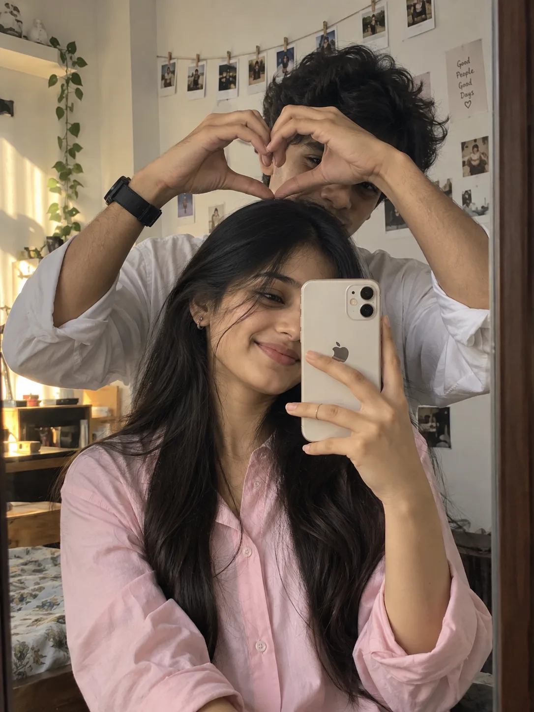 A hyper-realistic close-up mirror selfie of a young South Asian couple.