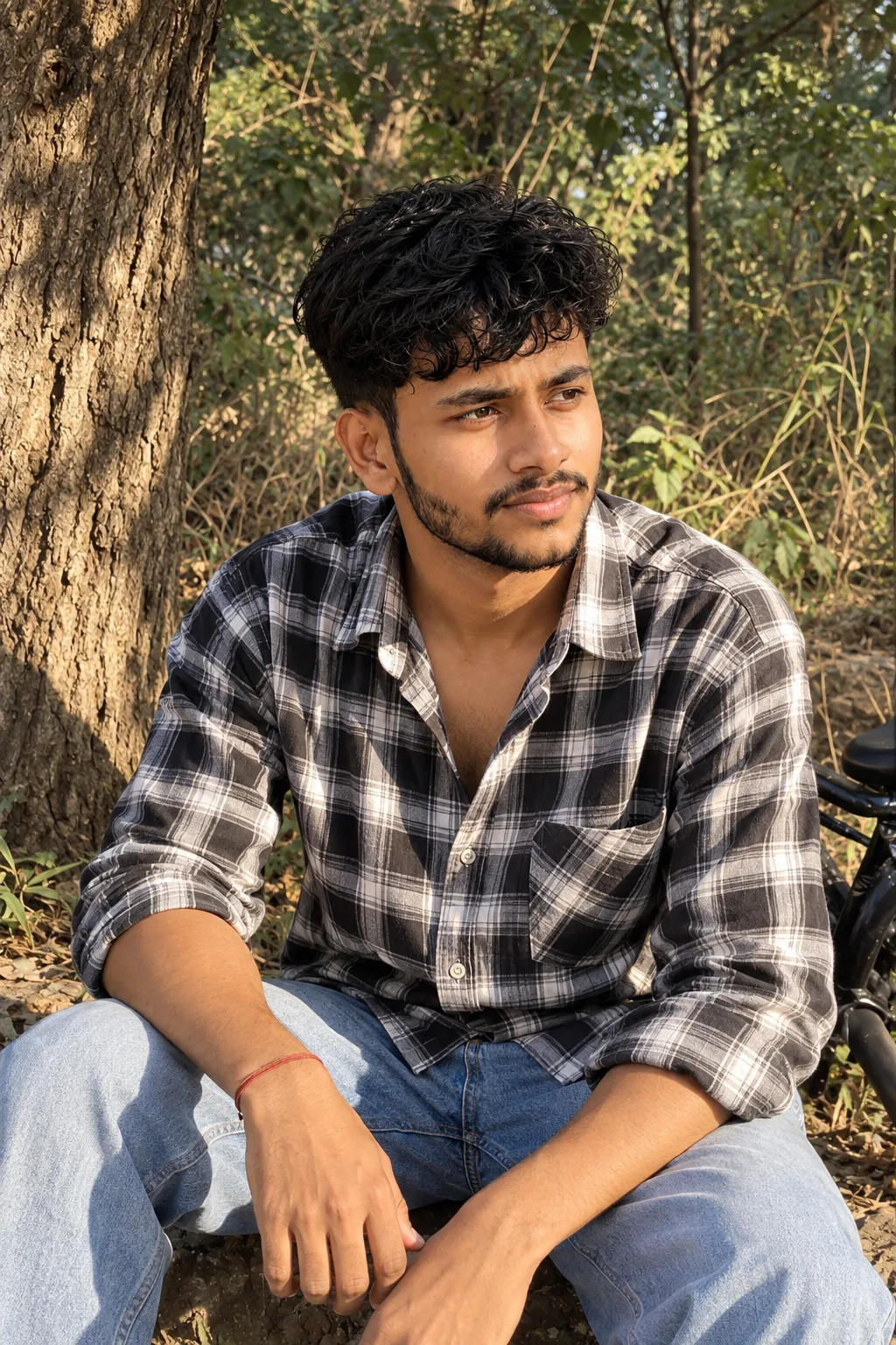 ULTRA-REALISTIC 8K DSLR photograph of a young South Asian man seated outdoors in a wooded natural setting, framed vertically from mid-thigh