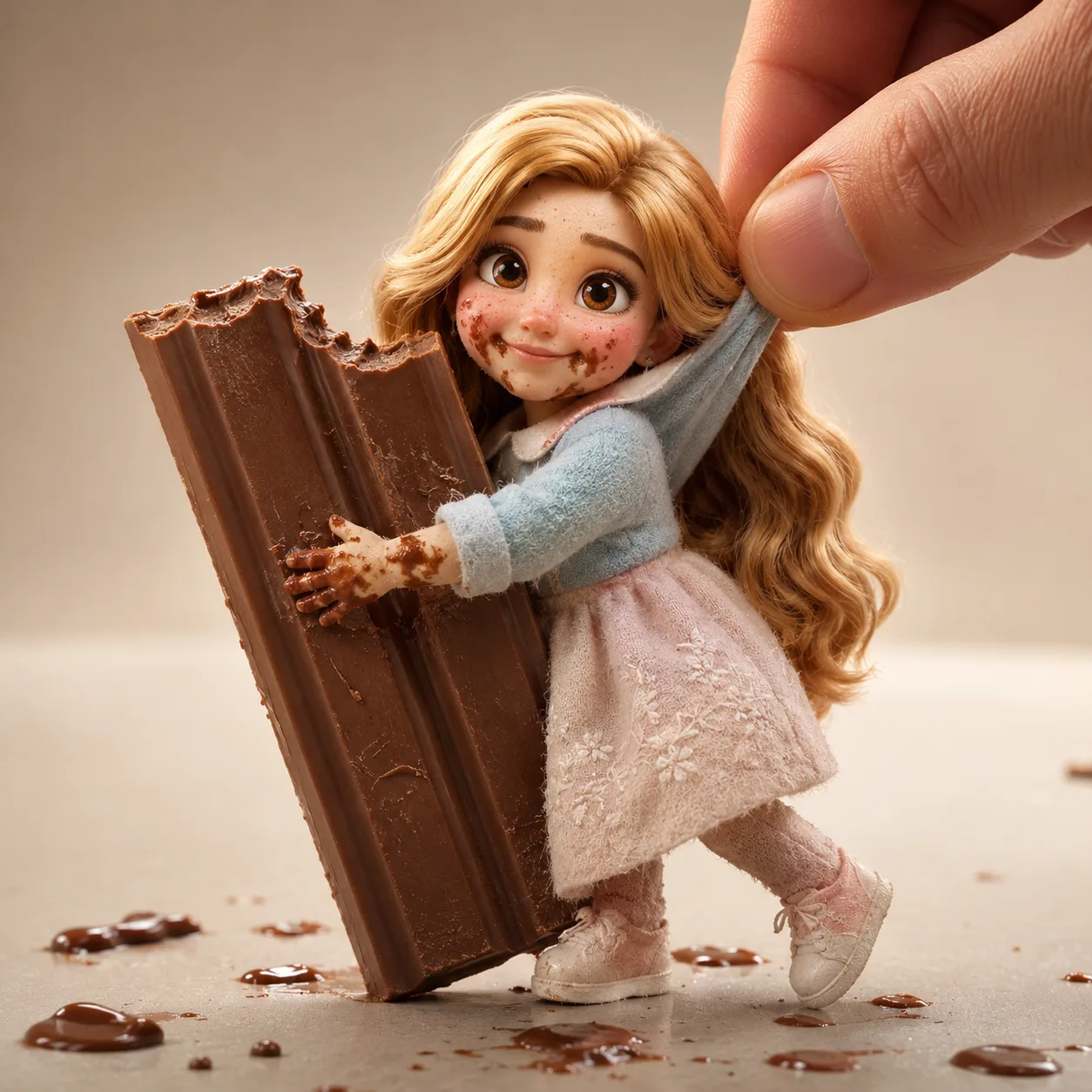 > 3D Pixar-style macro studio photography of a miniature, cute little girl figurine with long, wavy golden-blonde hair, big expressive