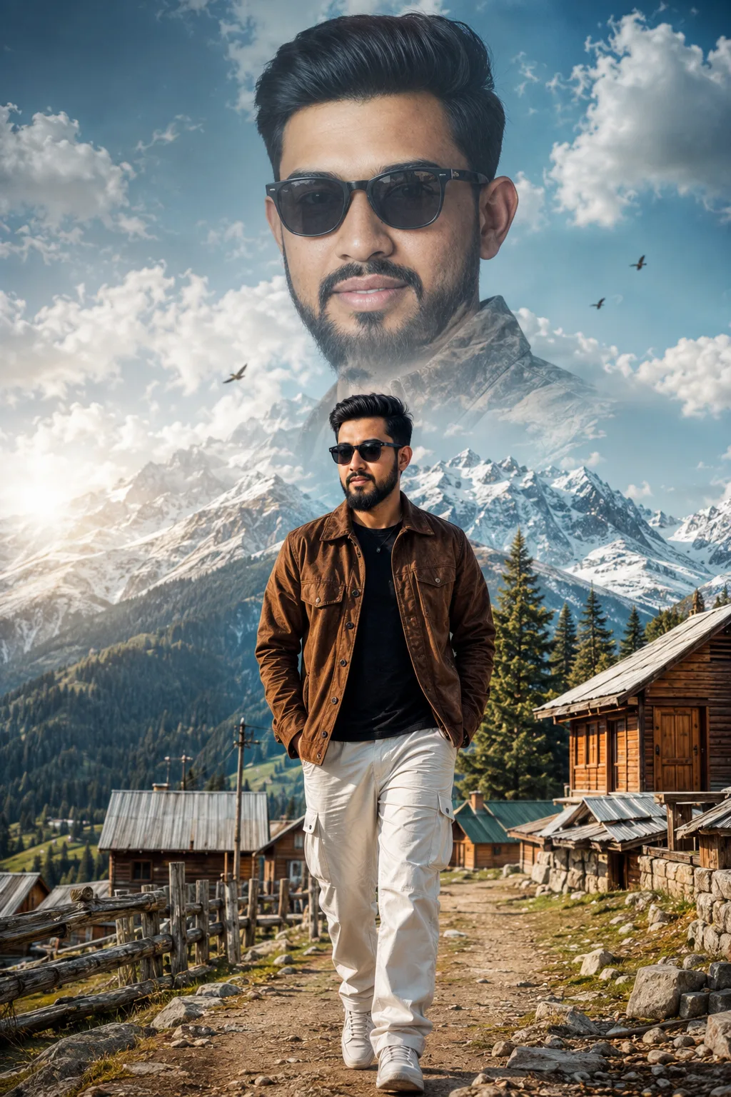 Ultra-realistic cinematic Himalayan travel-fashion portrait, vertical 2:3, stylish young South Asian man in brown jacket, black T-shirt,