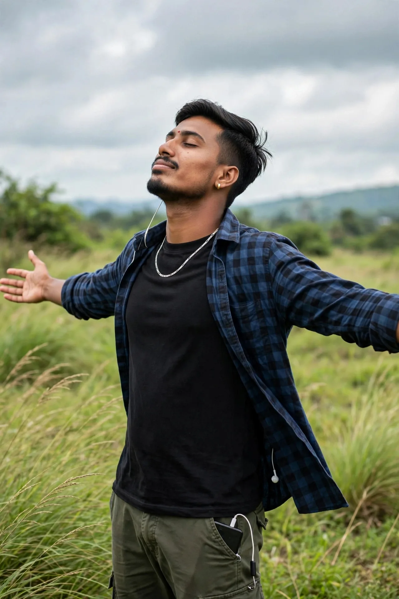 Young handsome Indian man standing in an open green field, eyes closed, face slightly tilted upward, arms spread wide, peaceful vibe.