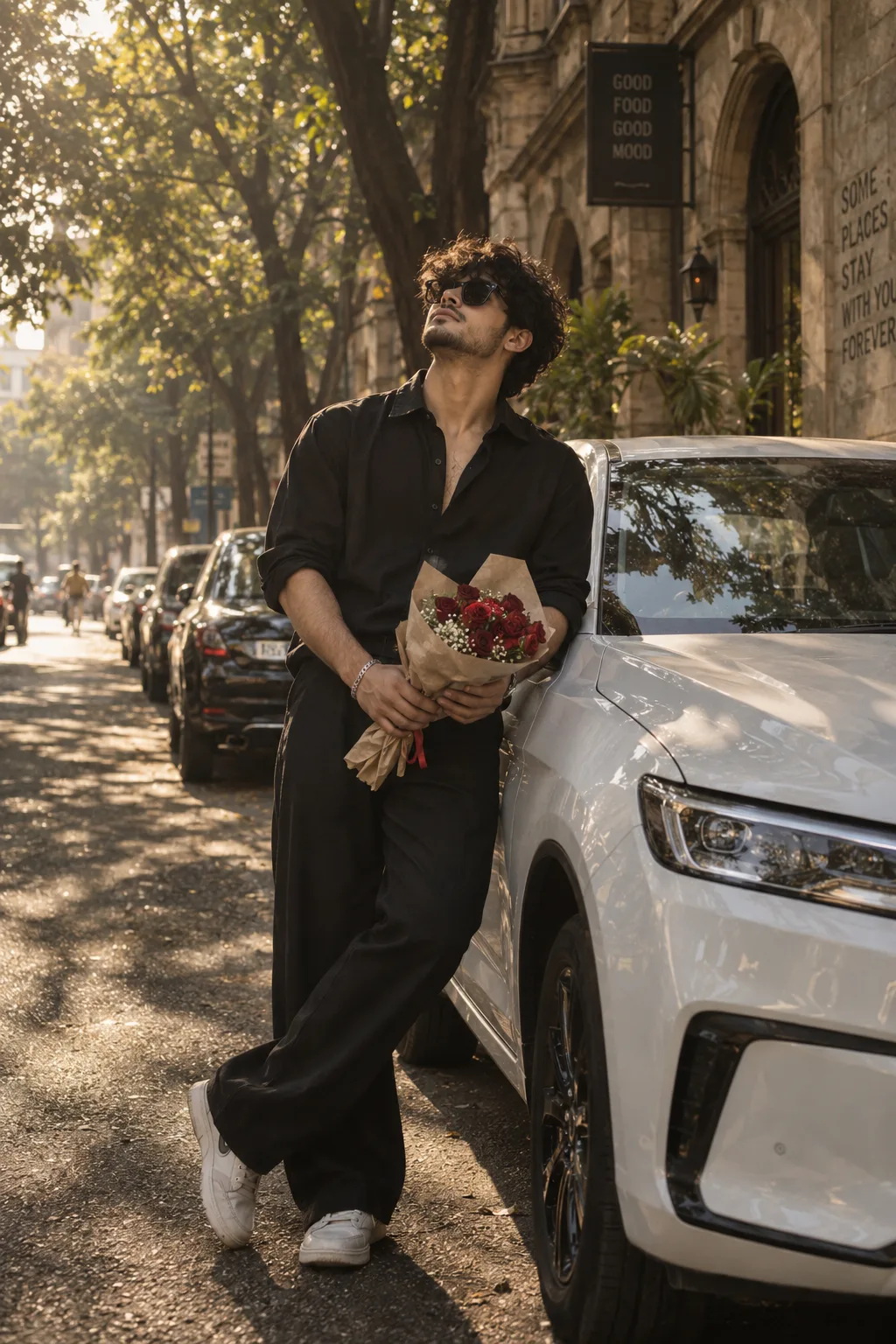 A cinematic, candid street photo of a stylish young man with curly hair, wearing black sunglasses, leaning casually against a white car on