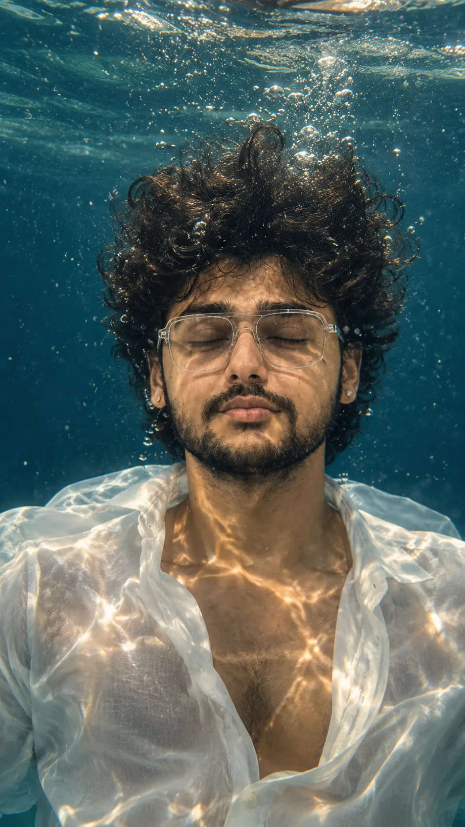 "A striking underwater portrait of a young man floating upright with his eyes gently closed and a calm, serene, meditative expression.