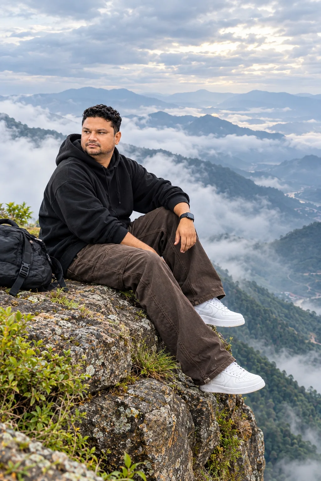 Hyper-realistic 4K Ultra HD cinematic portrait of a man sitting on the edge of a rugged rocky mountain cliff, using the reference image for