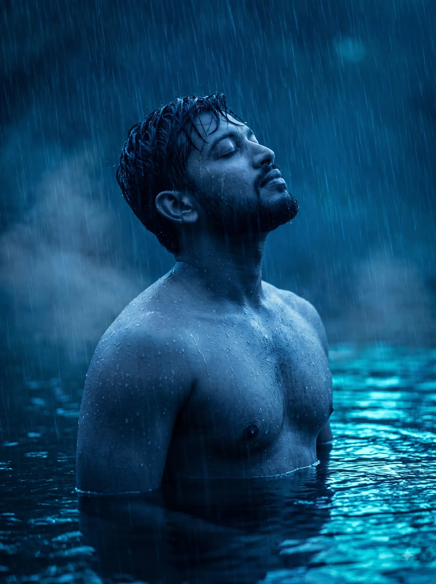 Using the uploaded image and without changing face, create a cinematic photorealistic portrait of a shirtless man standing waist-deep in