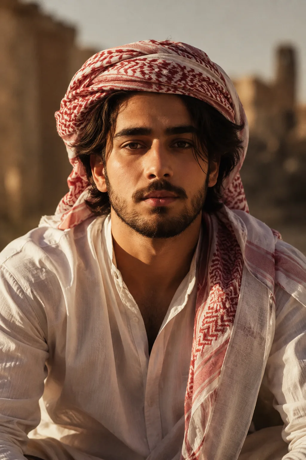 A highly cinematic, ultra-realistic **vertical portrait photograph of a handsome young adult Middle Eastern man**, shown from approximately