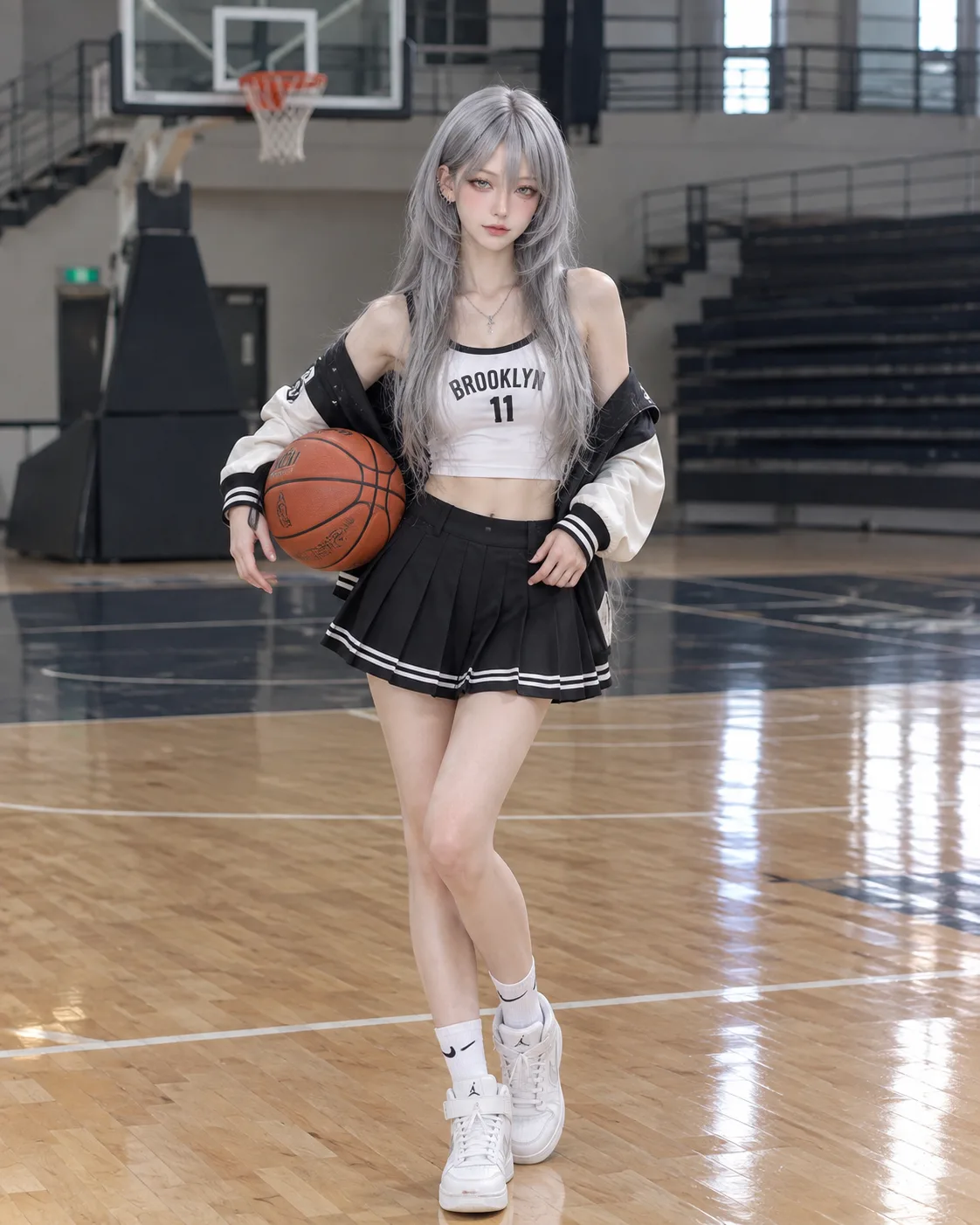 Create an ultra-realistic, high-resolution full-body sports fashion photograph of a beautiful young woman standing confidently on an indoor