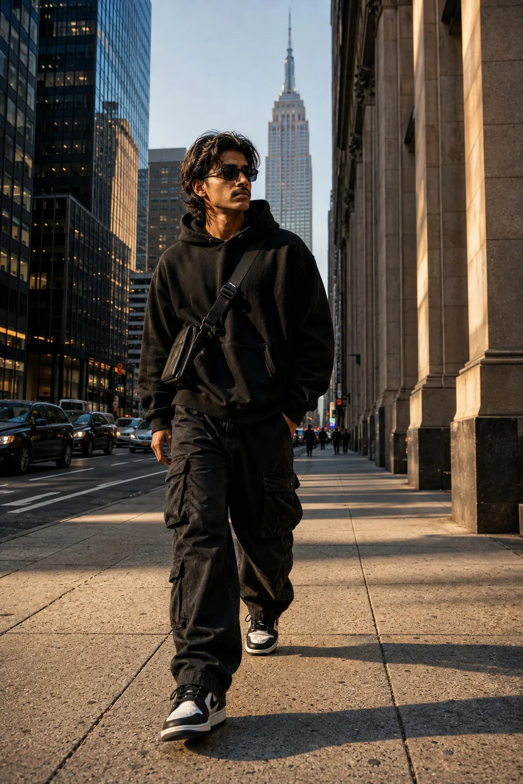 Create an ultra-realistic cinematic street-fashion photograph closely recreating the reference image in composition, subject placement,