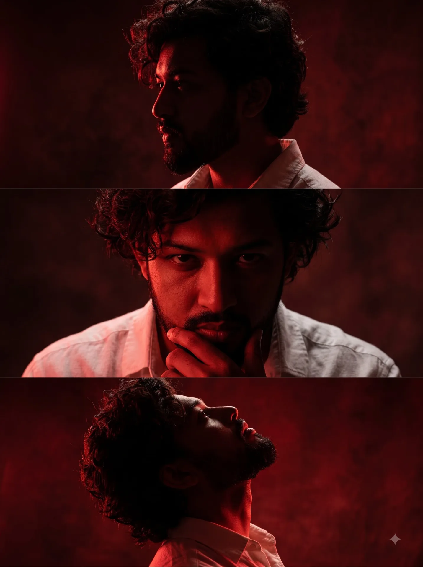 Ultra-realistic cinematic triptych portrait, 3 horizontal frames, deep red low-key lighting and dramatic shadows.
