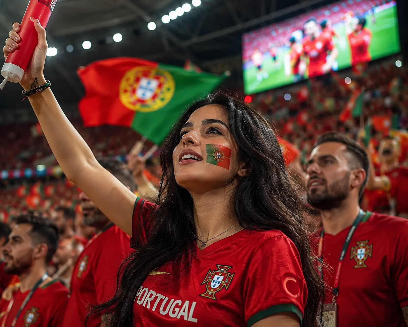 Ultra-realistic sports photography of a beautiful young female football fan passionately cheering in a packed stadium, surrounded by