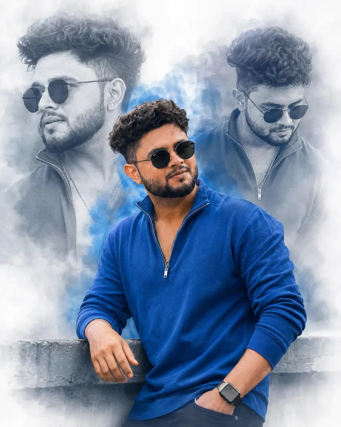 Ultra-realistic cinematic fashion portrait, young Indian man with thick messy side-swept black hair, groomed beard, warm brown skin,