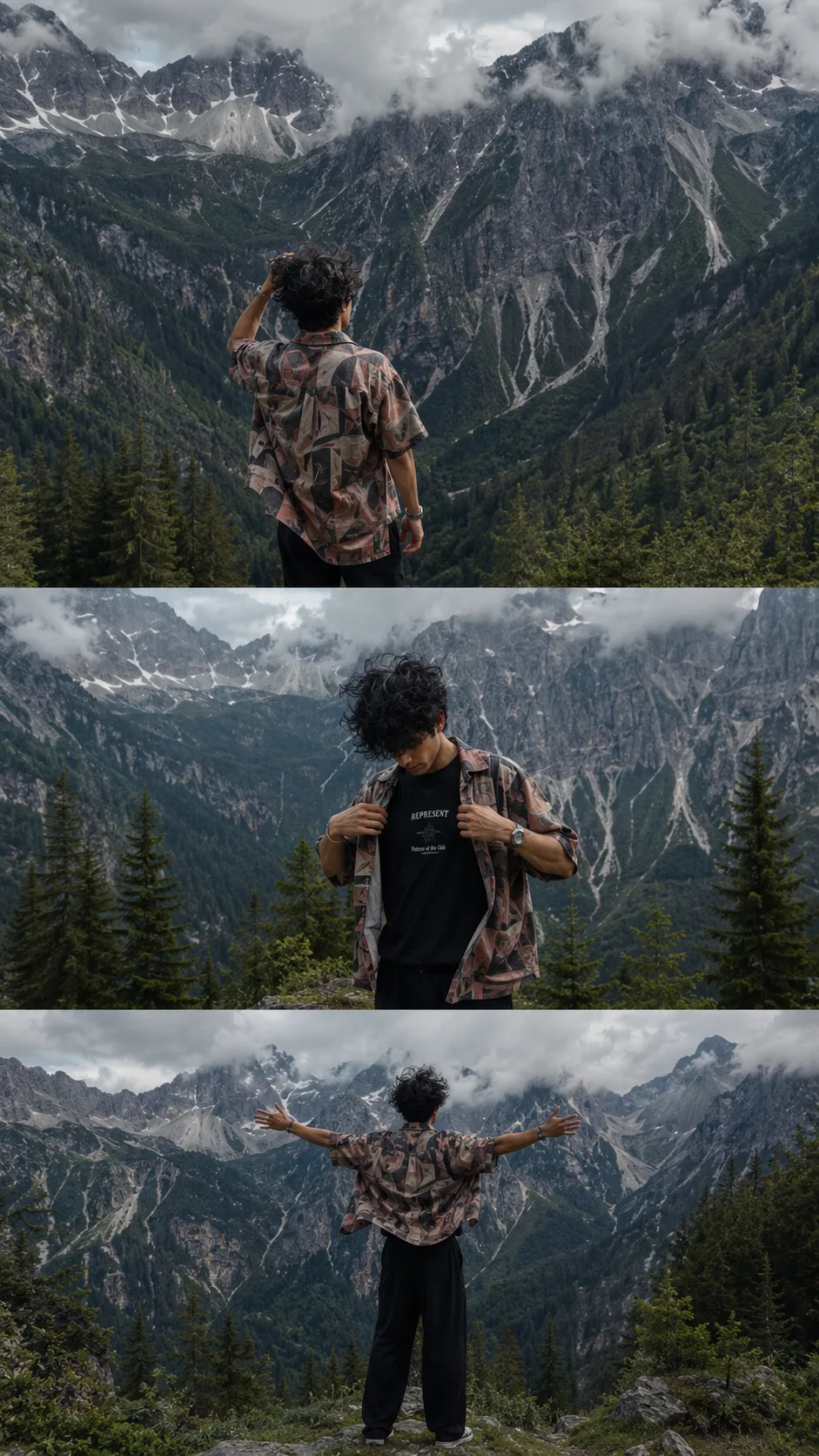 🎨 Visual Style Ultra-photorealistic cinematic travel photography × high-altitude mountain editorial × contemporary streetwear × outdoor