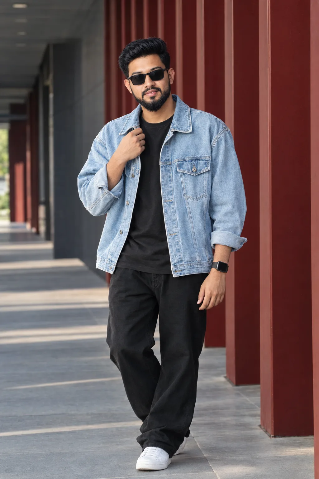 Create an ultra-realistic 4K DSLR full-body fashion portrait of a stylish young man standing confidently in a modern architectural corridor