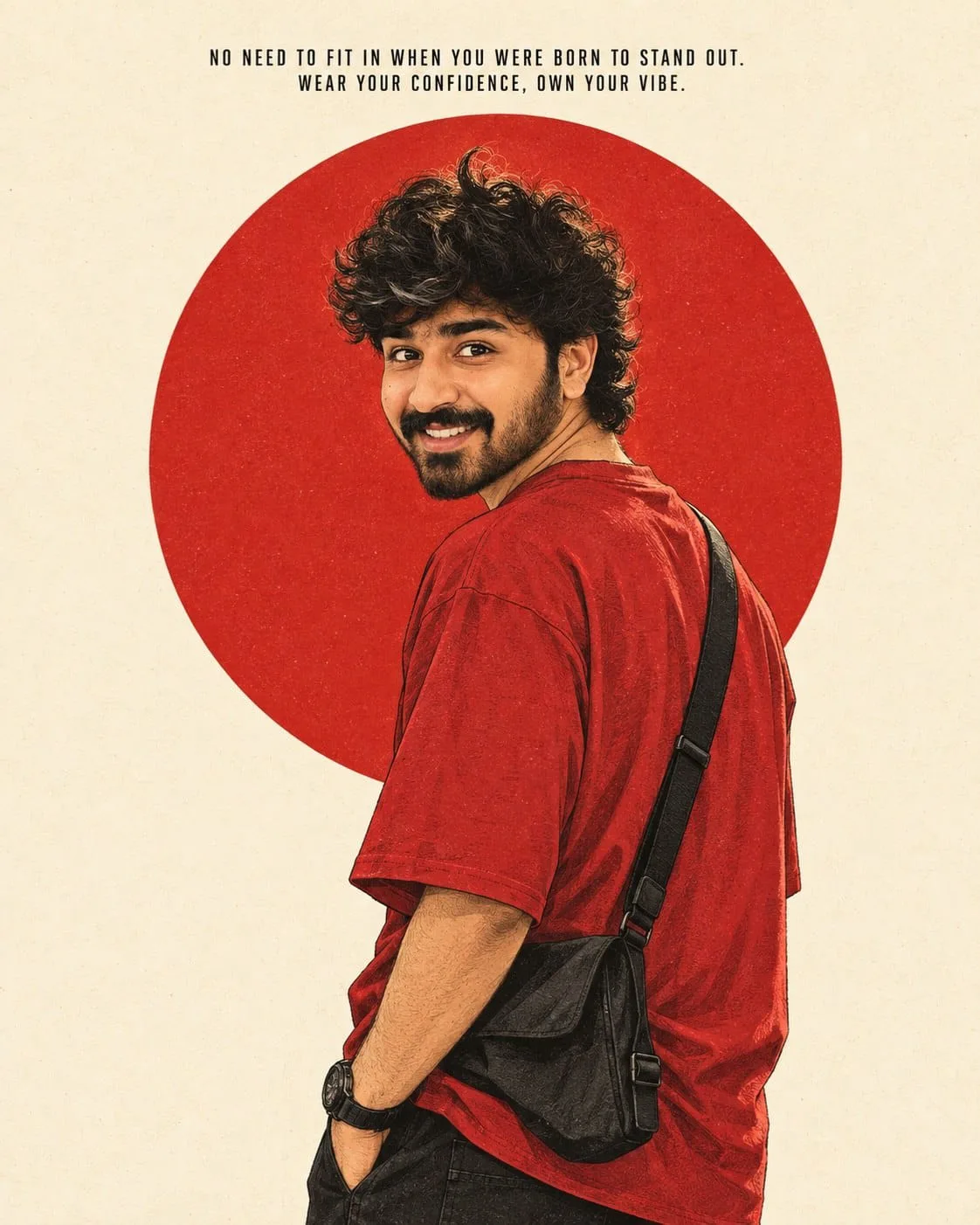 Minimalist retro editorial illustration of a smiling young South Indian man with thick curly black hair, trimmed beard and mustache,