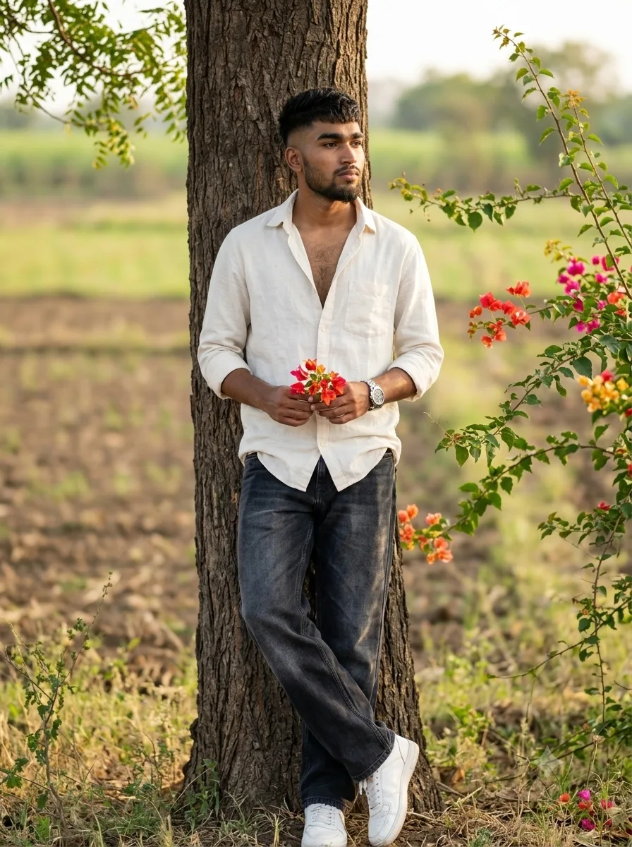 Photorealistic full-length outdoor portrait of the exact same young South Asian man from the reference image, preserving maximum facial
