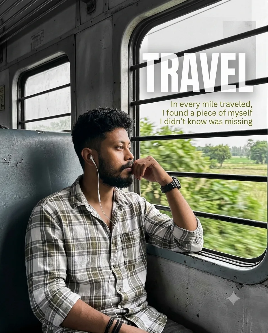Create a deeply introspective, ultra-realistic cinematic travel editorial portrait ofa young South Indian man sitting alone beside the