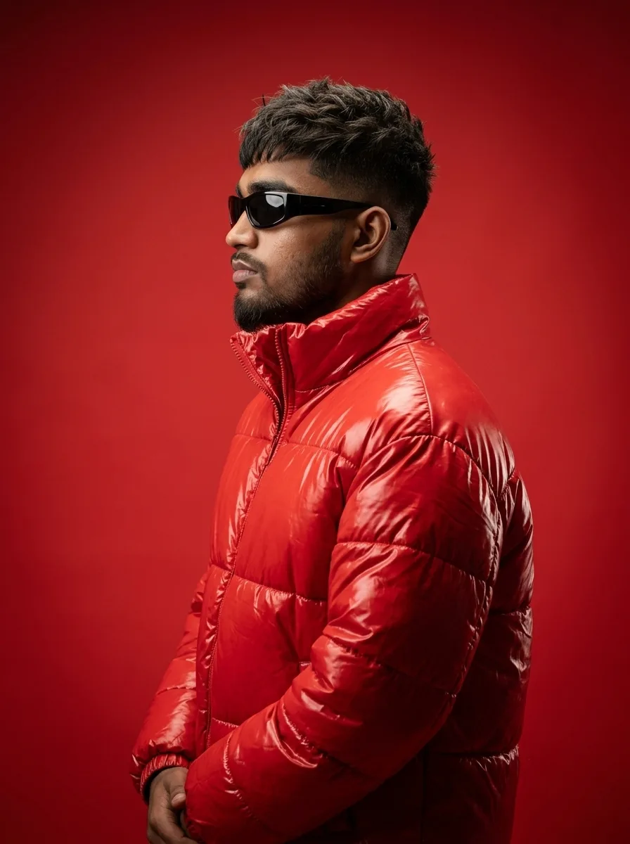 FULL AI IMAGE PROMPT A cinematic high-fashion studio side-profile portrait of a young man, maintaining the exact facial identity, skin