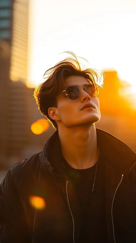 A cinematic urban portrait of a handsome young man with stylish voluminous messy brown hair, looking upwards into the sky.