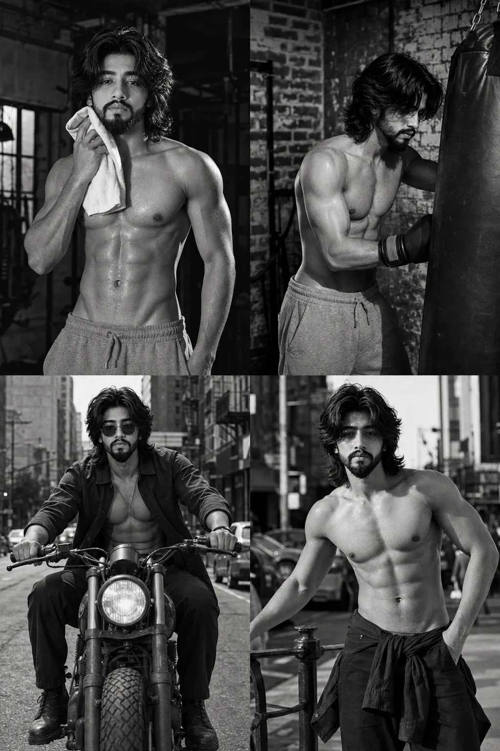 Create a high-end black-and-white editorial fashion/fitness photography collage, arranged as a 2×2 grid of four separate photographs