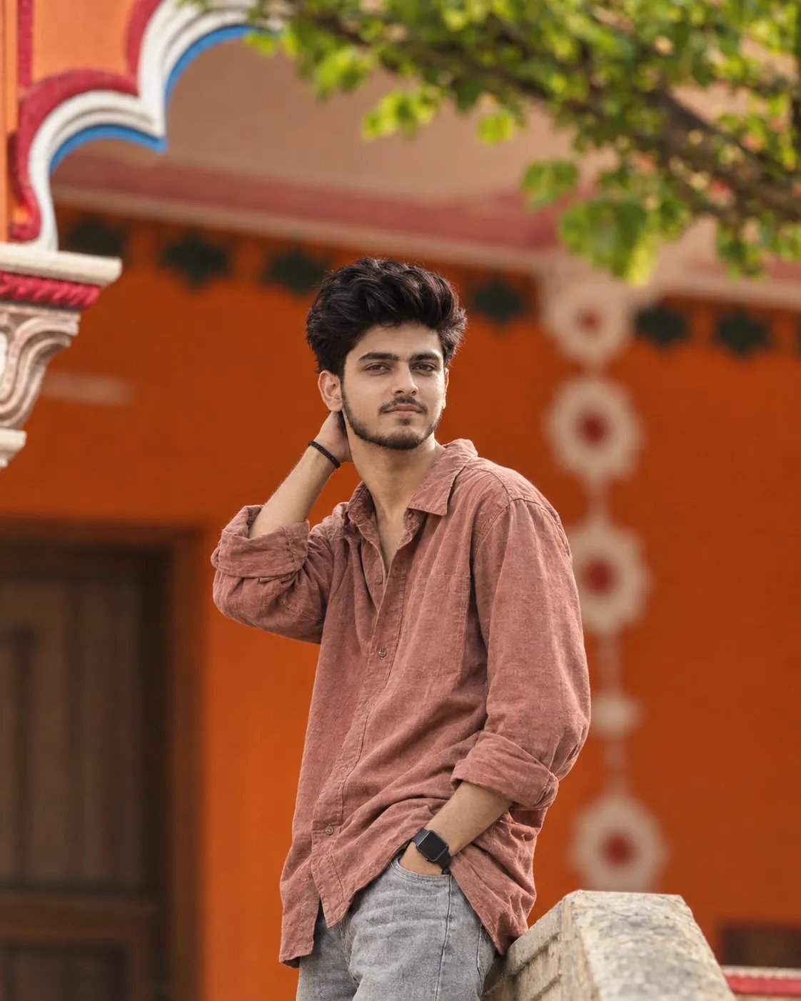 A highly photorealistic cinematic full-body portrait of a South Asian/Indian boy in his 18 year old with a slim, lean physique, standing