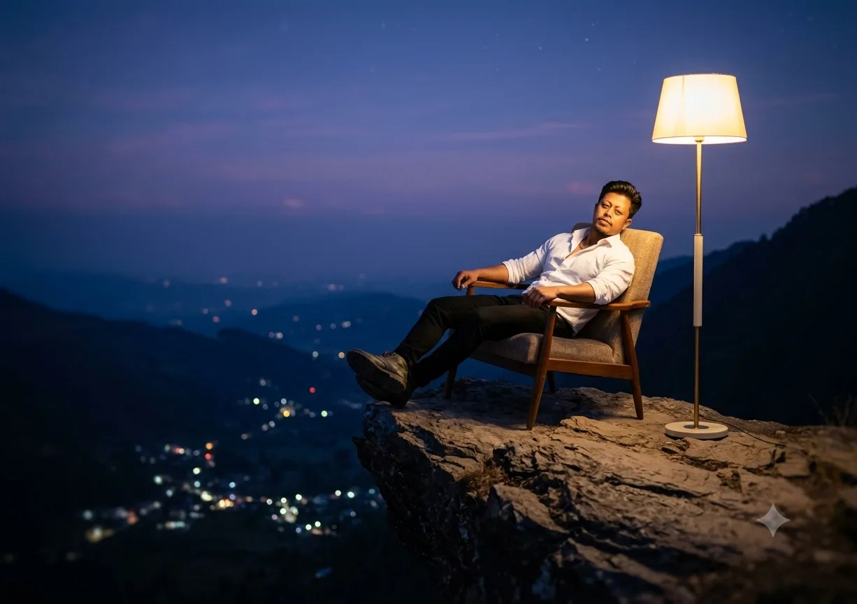 NARROW MOUNTAIN LEDGE-VERTIGINOUS DROP A WIDE SHOT TAKEN AT DUSK FEATURES A YOUNG ADULT CAUCASIAN MAN WITH SHARP, MODEL-LIKE FACIAL