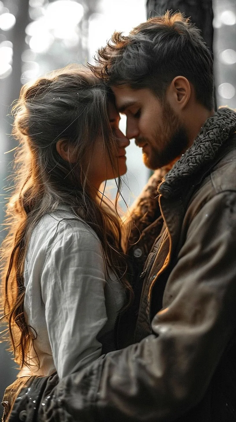 An intimate, cinematic masterpiece portrait photograph capturing a deeply romantic moment between a young man and a woman embracing closely