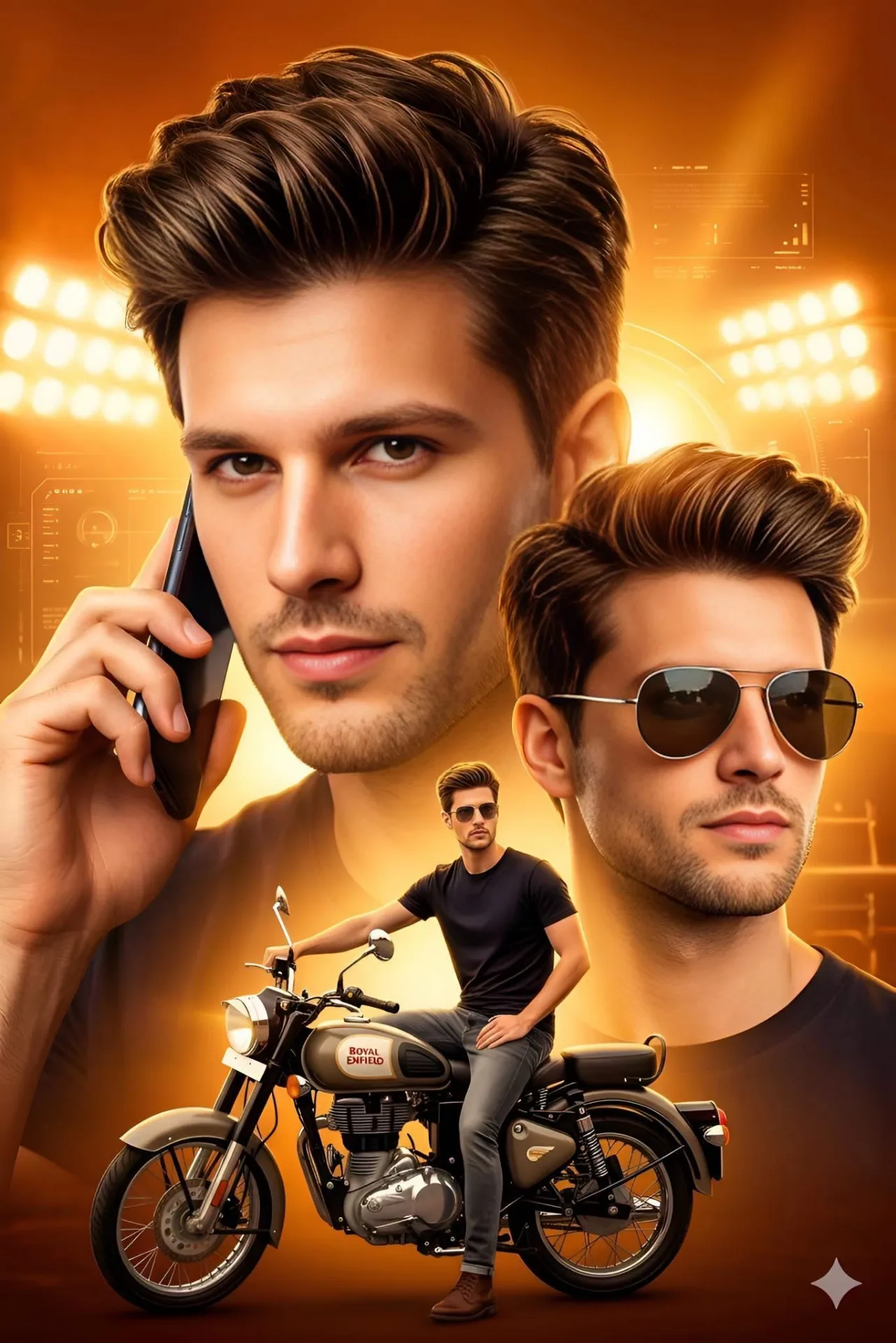 A multi-exposure fashion collage of a handsome young man featuring a classic motorcycle, set against a vibrant, glowing golden orange