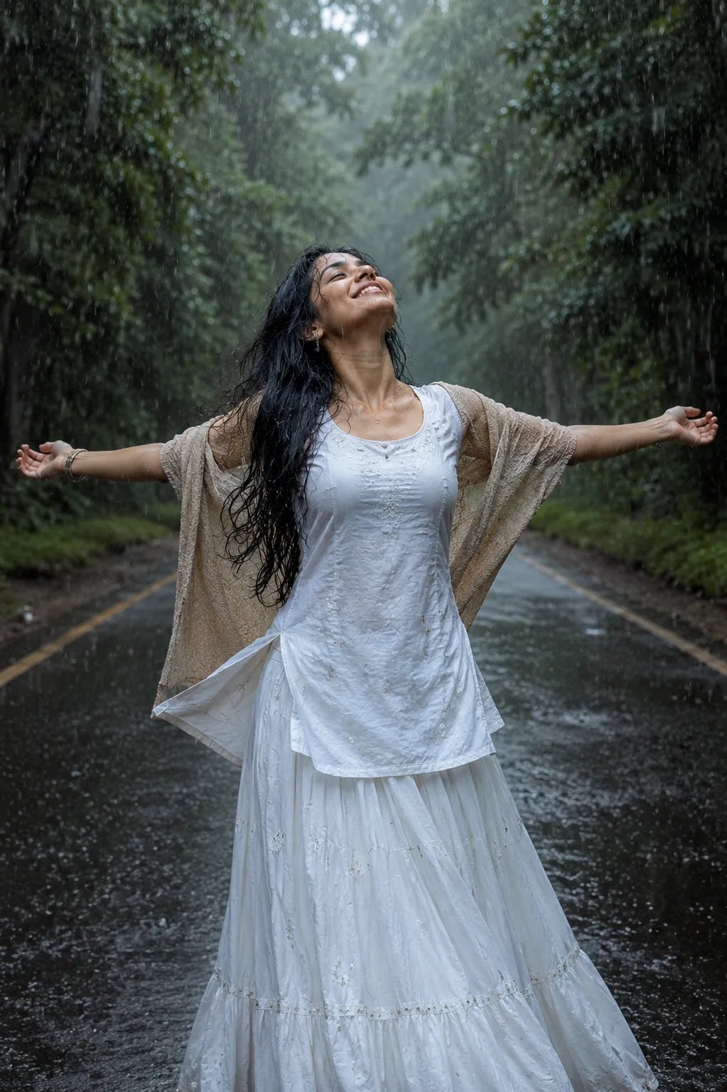 Joyful woman in rainy forest