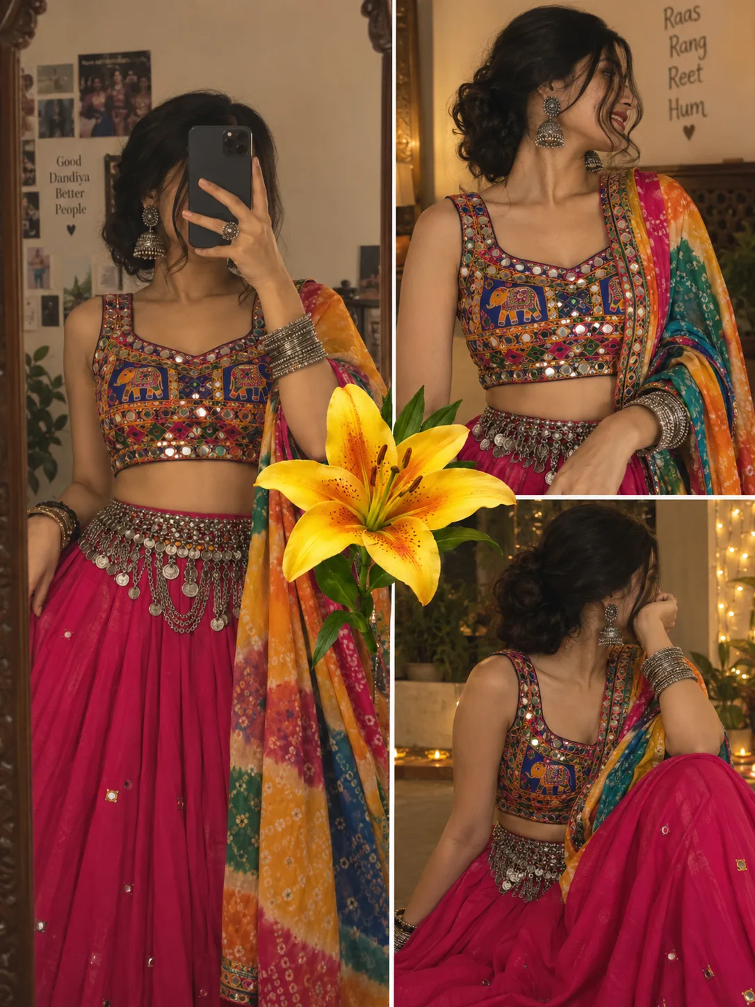 A collage of three different photos showing a young Indian woman posing in a vibrant traditional Navratri outfit.
