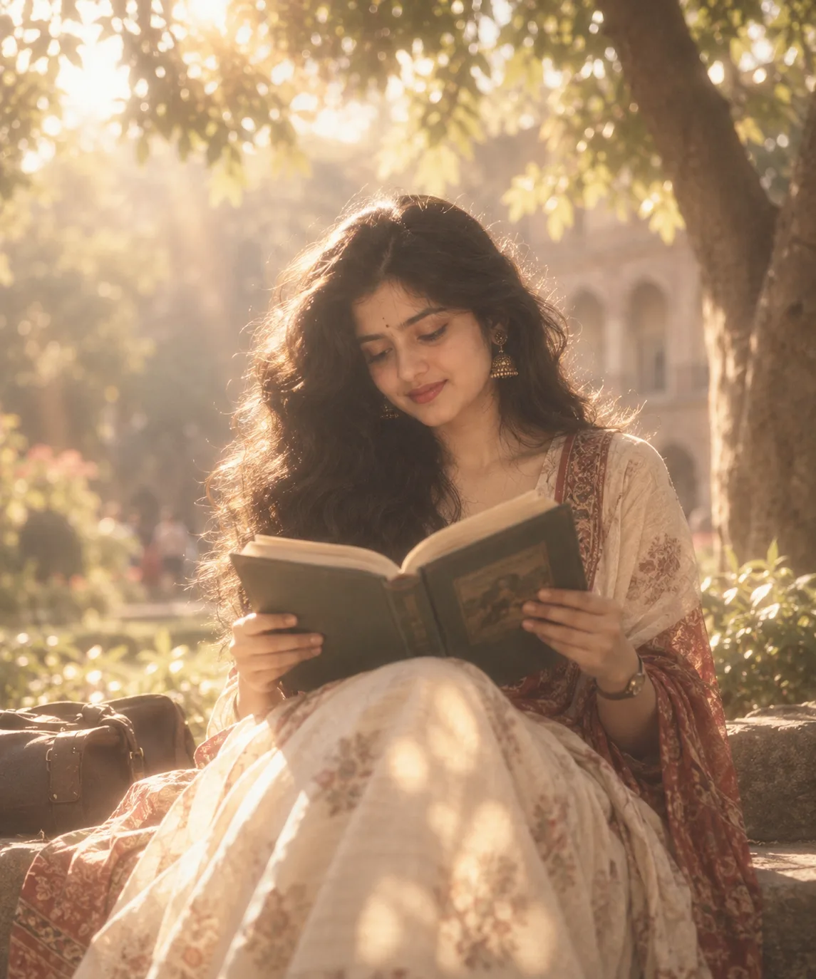 Apply a soft ethereal dreamy cinematic color grade with warm golden-hour sunlight filtering through tree leaves.
