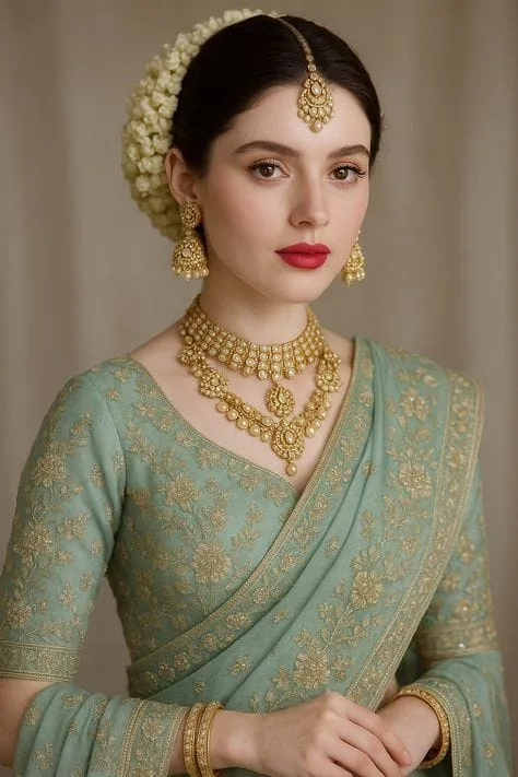 A high-resolution, photorealistic elegant portrait of a beautiful young South Asian woman wearing a luxurious muted sage-green silk saree