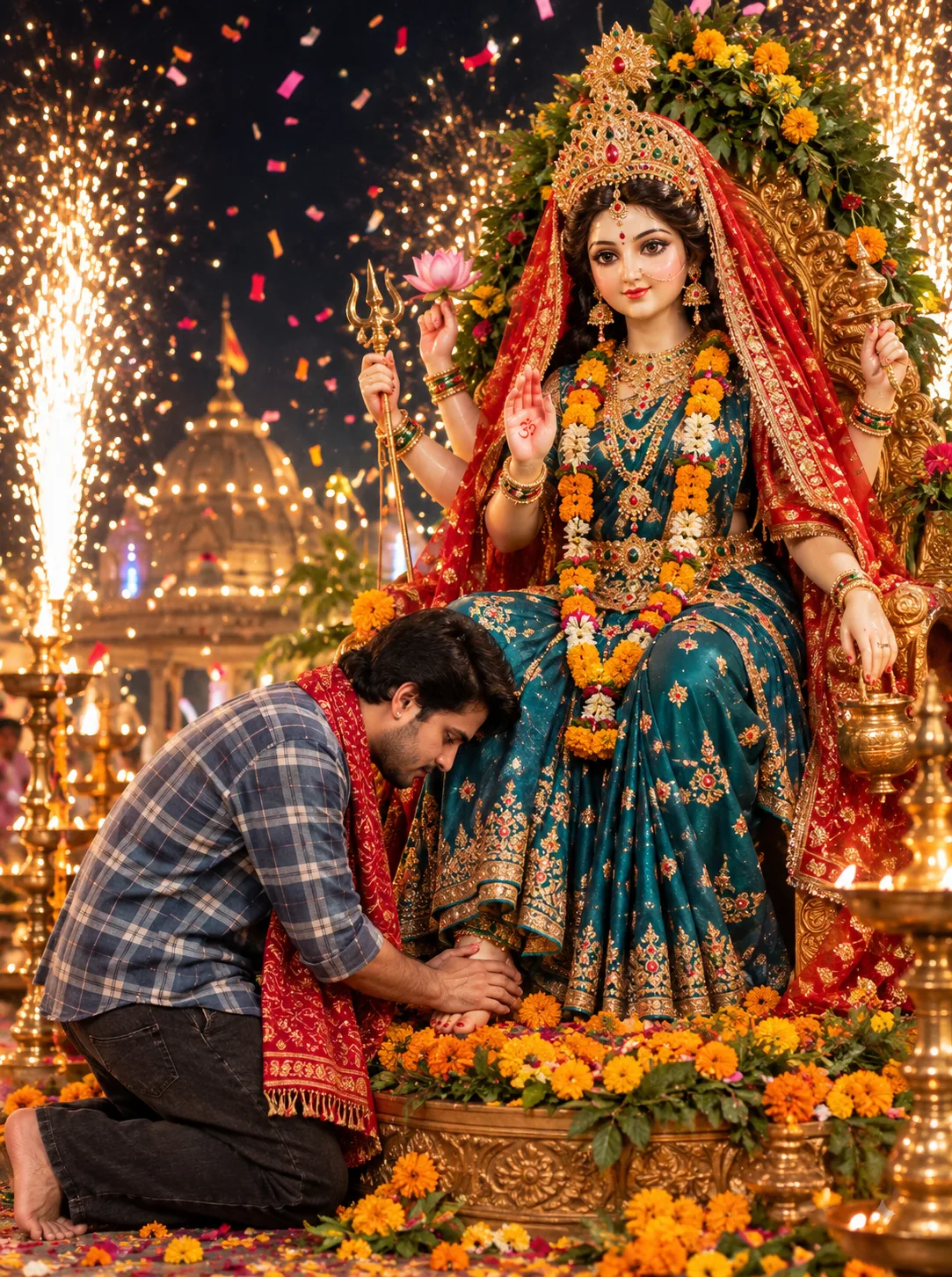 A hyper-realistic, cinematic portrait of a young Indian man kneeling in devotion, touching the feet of a majestic, multi-armed Hindu