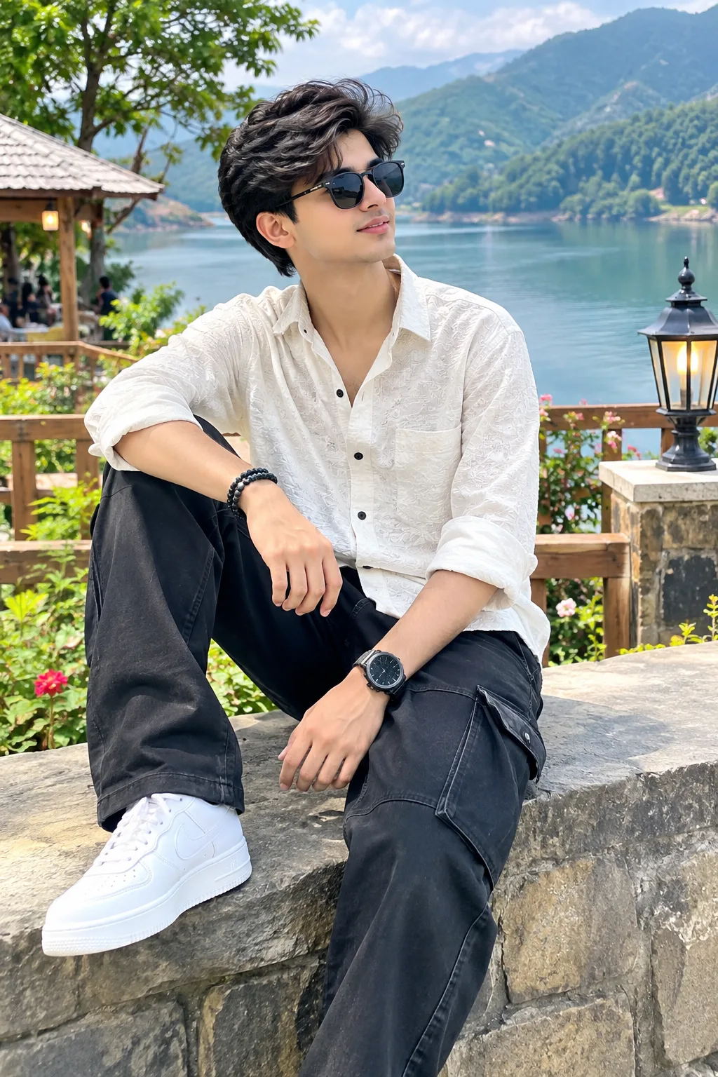 A stylish young South Asian man wearing a textured off-white embroidered shirt, black cargo pants, white sneakers, sunglasses, a luxury