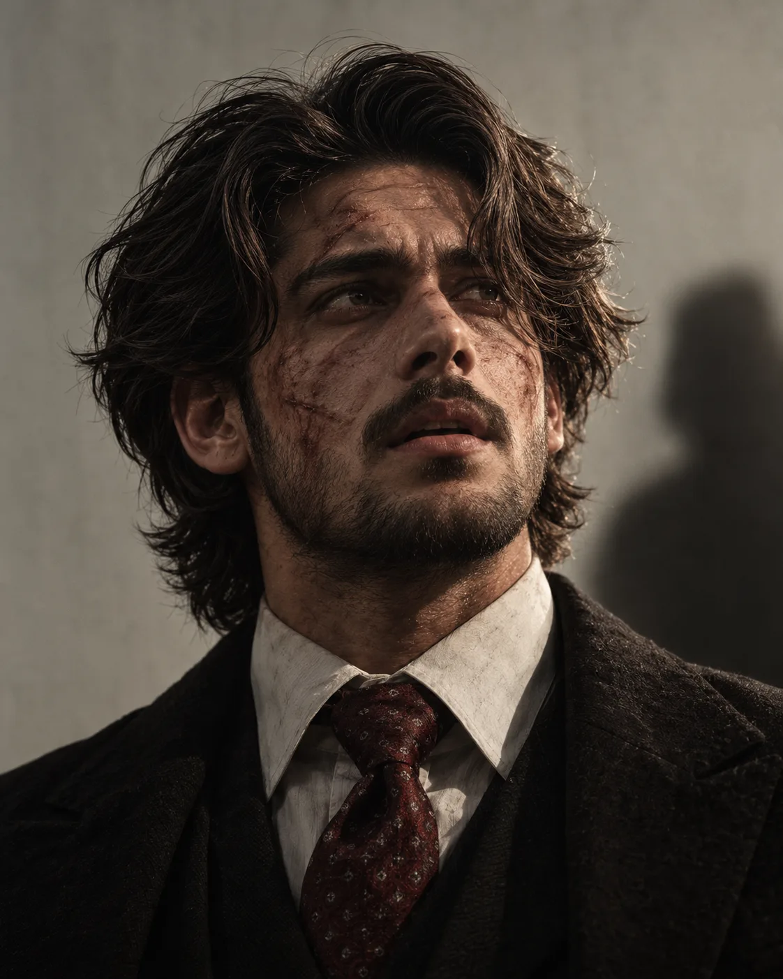 **Ultra-realistic cinematic close-up portrait of a rugged, weathered young-to-middle-aged man, photographed from a slightly low angle.** He