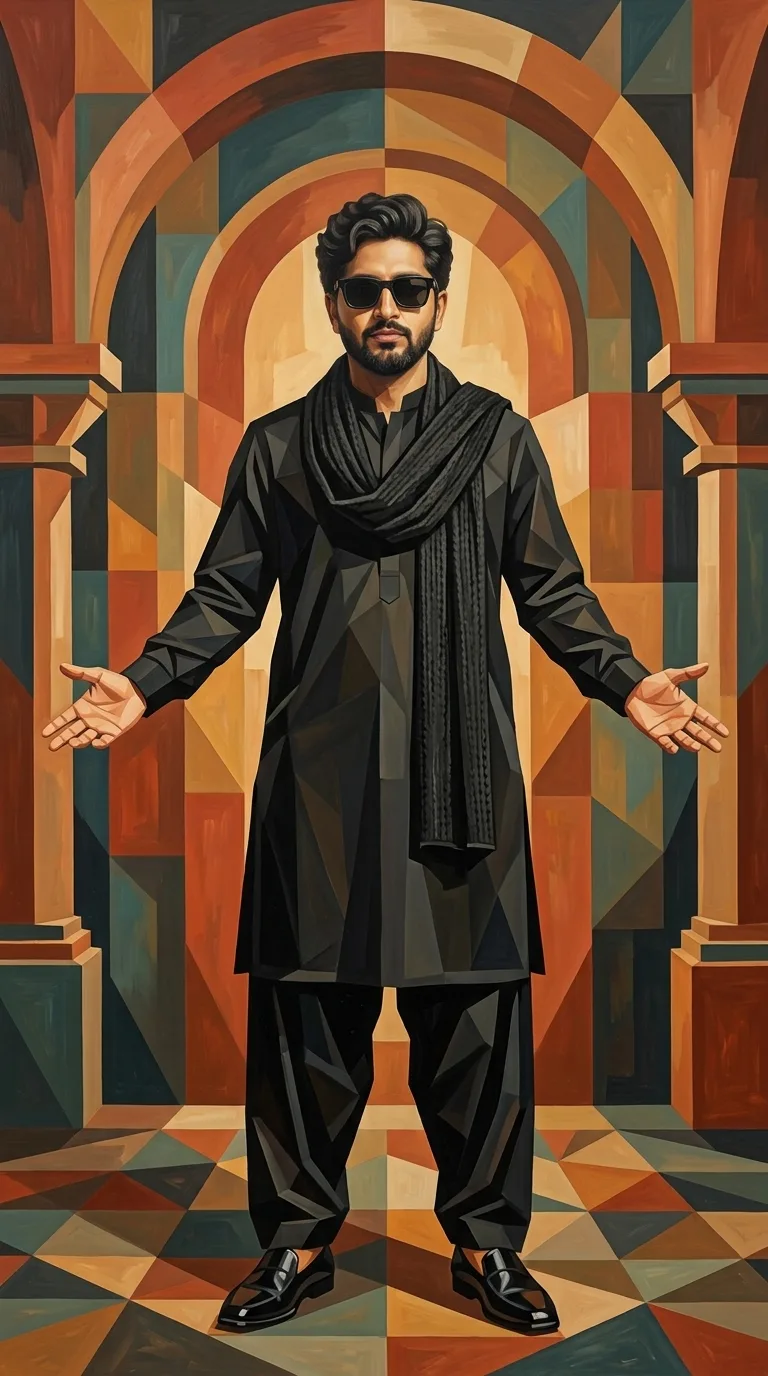 Create a full-body stylized portrait of a confident young South Asian man standing centered and facing directly toward the viewer, wearing