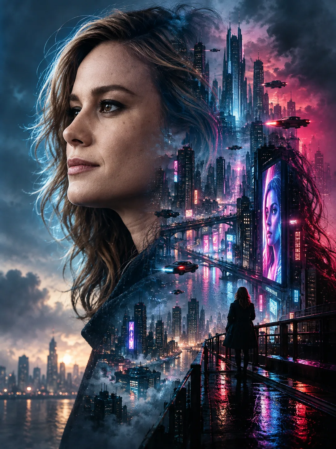 Create an ultra-realistic cinematic double exposure portrait of a young person in side profile, with a futuristic cyberpunk city seamlessly