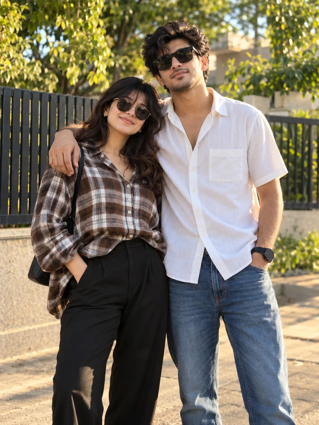 "An ultra-realistic, candid outdoor p hoto of a stylish young South Asian couple posing together under bright , warm sunlight.