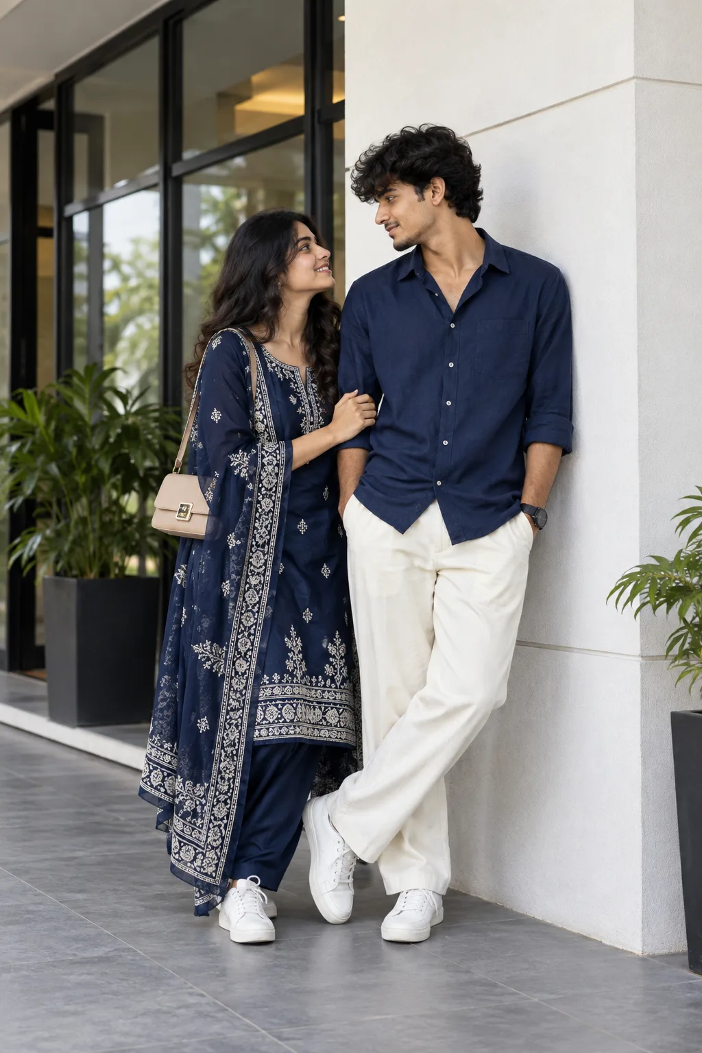 Create a highly realistic, ultra-detailed full-body cinematic lifestyle portrait of a young Indian couple, using the provided reference