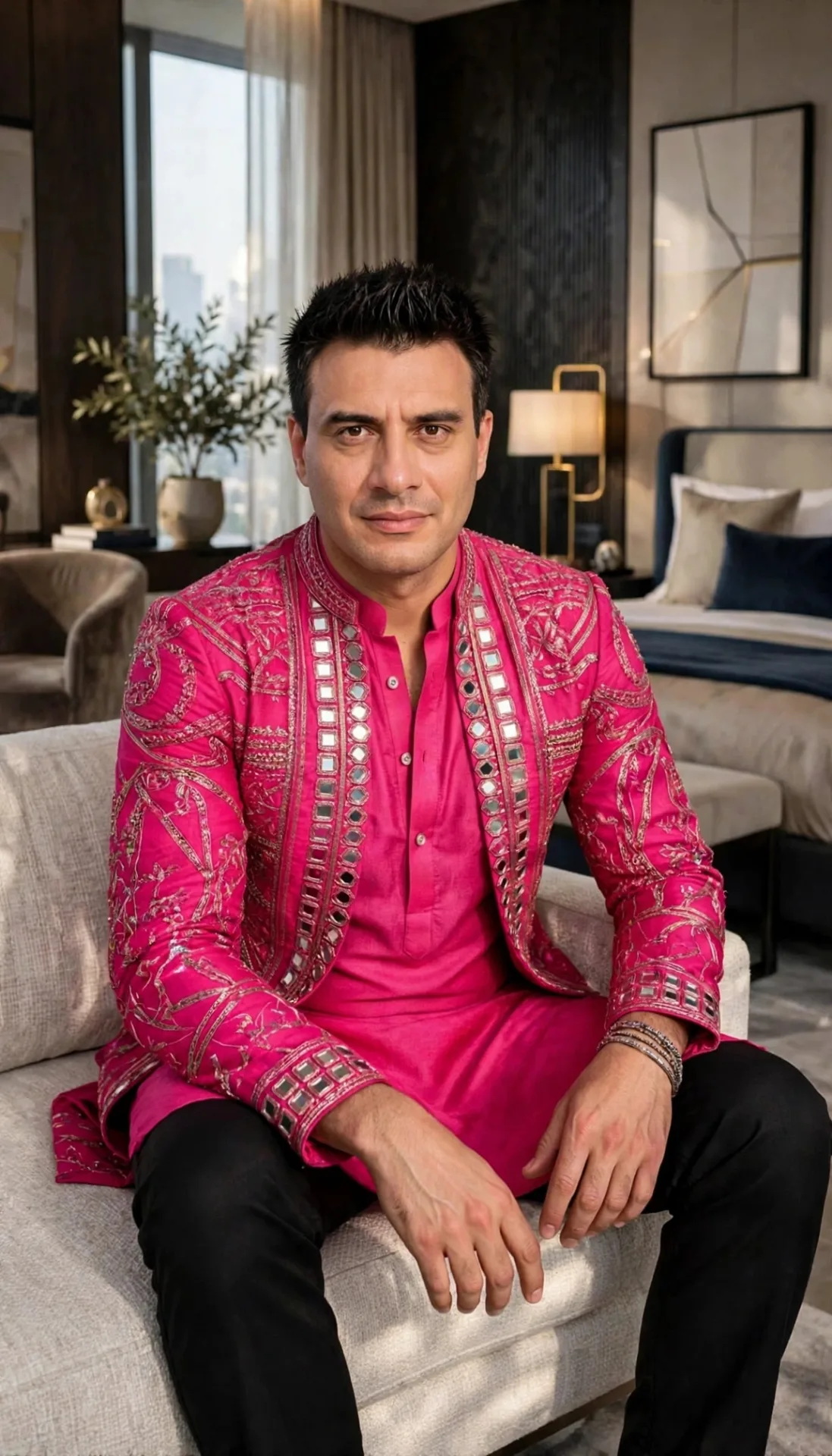 A handsome Indian man sitting gracefully on a luxury sofa in a modern 5-star hotel room, wearing a hot pink mirror-work bandhgala jacket